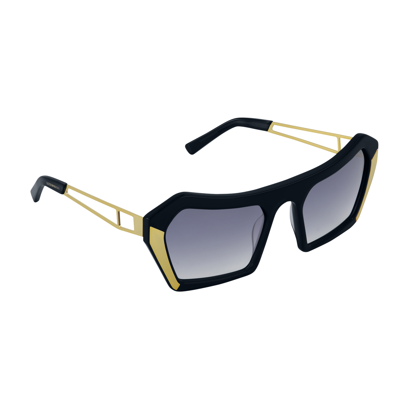 side view of women's designer oversized black and gold sunglasses