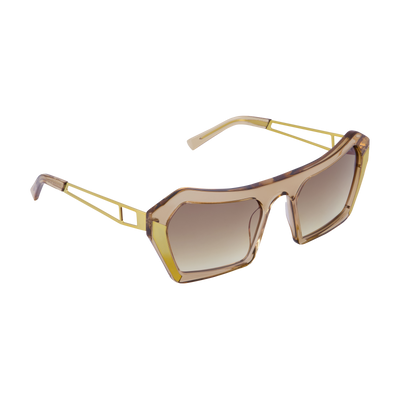 side of women's designer oversized tan and gold sunglasses