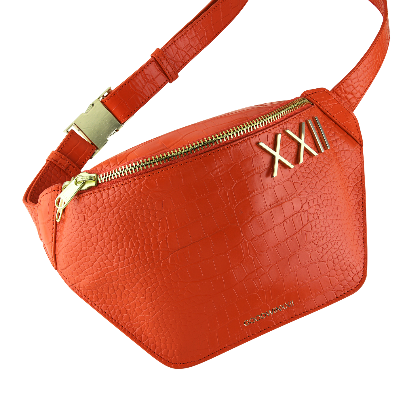 Goodwinxxii orange croc embossed leather fanny pack with gold hardware