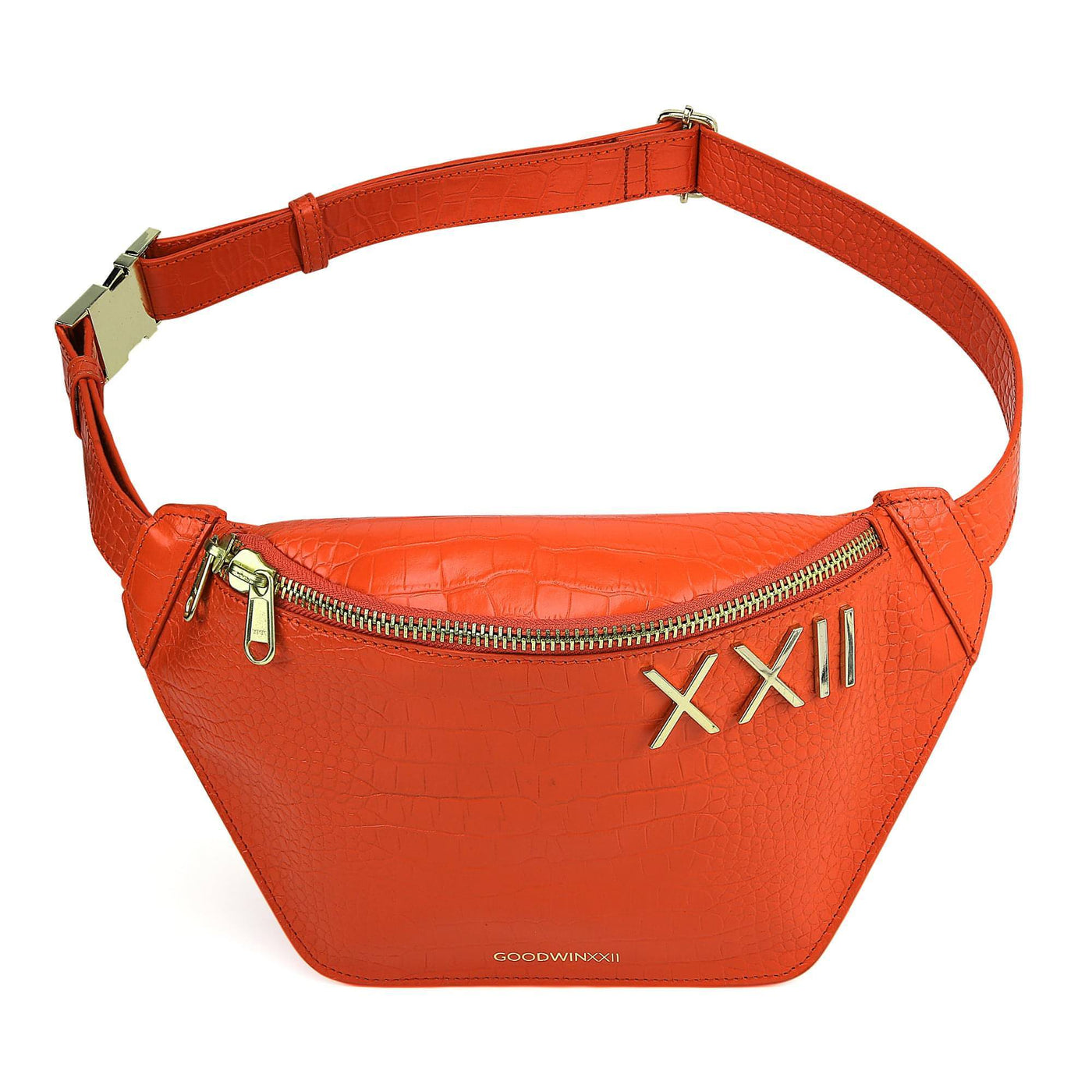 Goodwinxxii orange croc embossed leather fanny pack with gold hardware