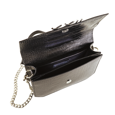Inside of women's designer black handbag   with silver chain