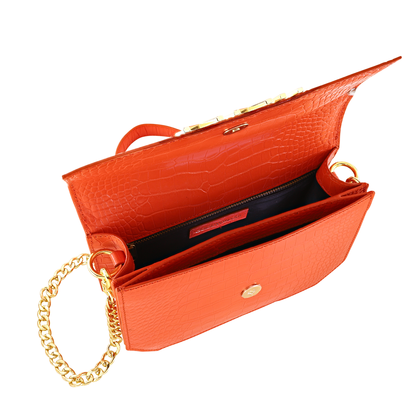 Inside of women's designer orange & gold handbag  
