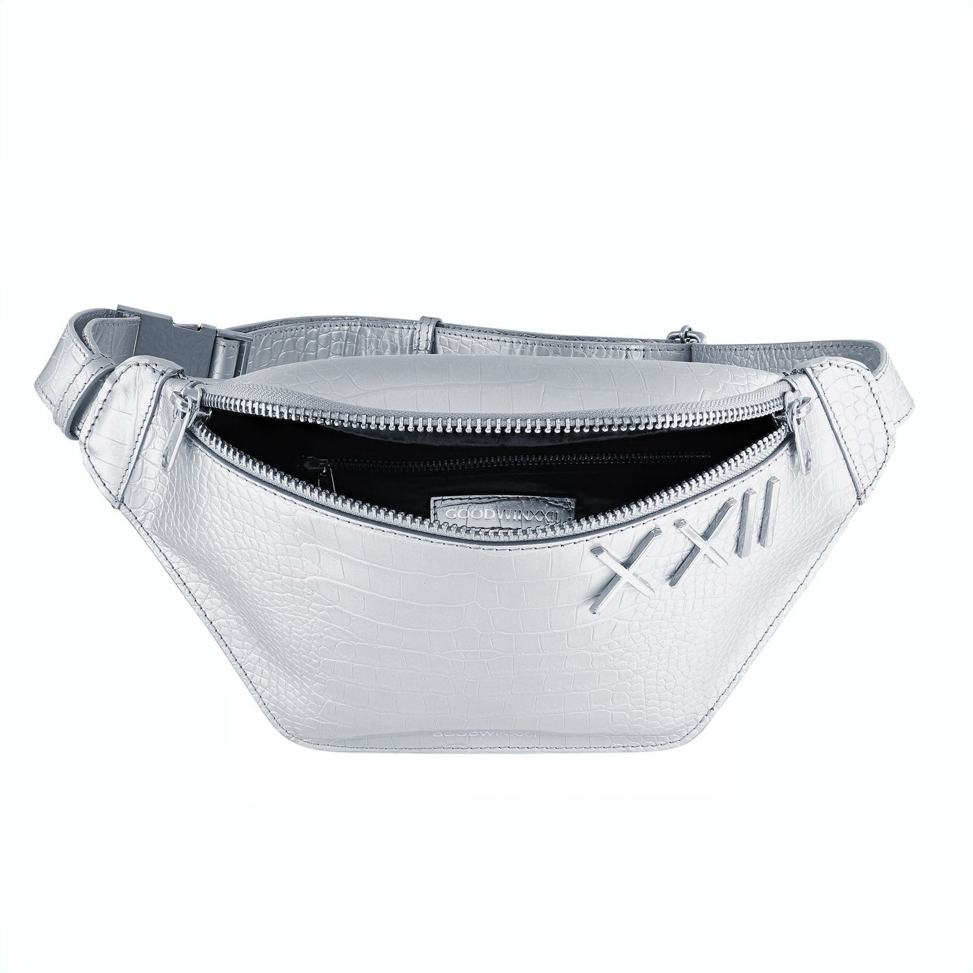 Goodwinxxii silver croc embossed leather fanny pack with silver hardware