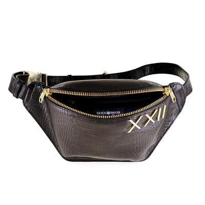 Goodwinxxii black croc embossed leather fanny pack with gold