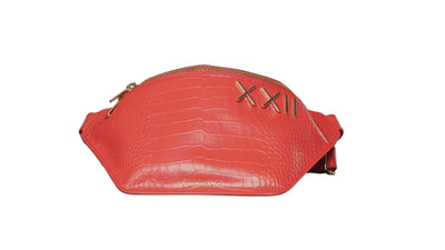 video of Goodwinxxii orange croc embossed leather fanny pack with gold hardware