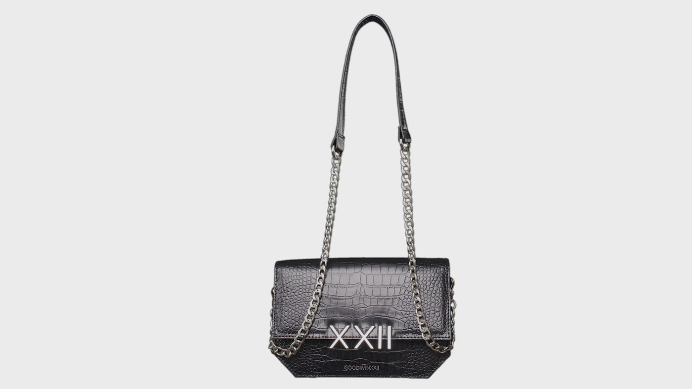 video of Goodwinxxii black croc embossed leather crossbody with silver hardware