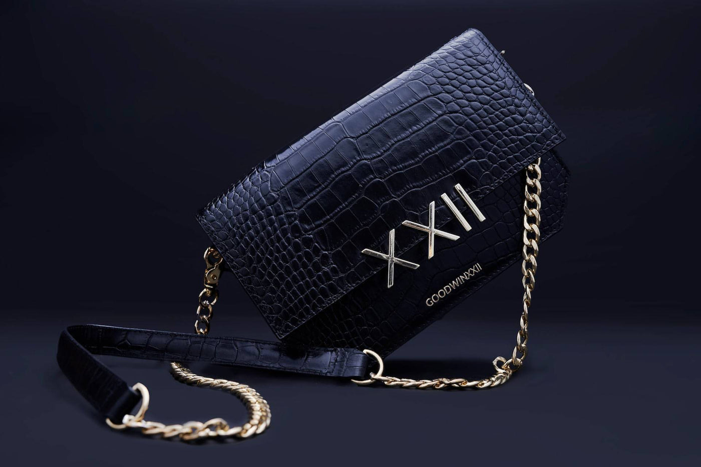 Goodwinxxii black croc embossed leather crossbody with gold