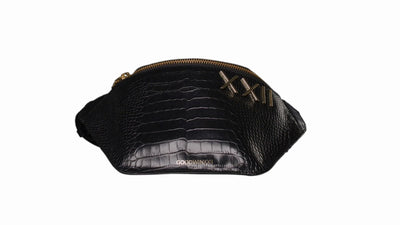 video of Goodwinxxii black croc embossed leather fanny pack with silver hardware