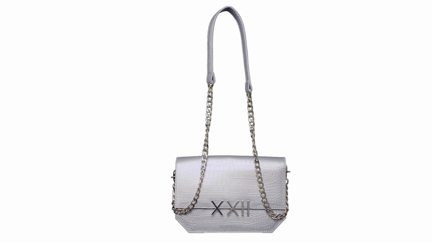 video of Goodwinxxii silver croc embossed leather crossbody with silver hardware