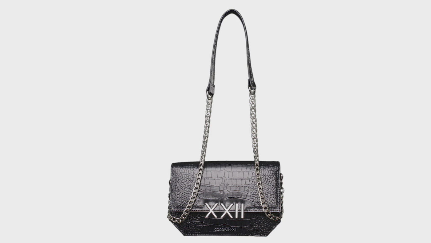 video of Goodwinxxii black croc embossed leather crossbody with gold